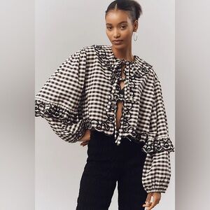 Maeve Black & White Gingham Ruffle Tie-Front Crop Blouse